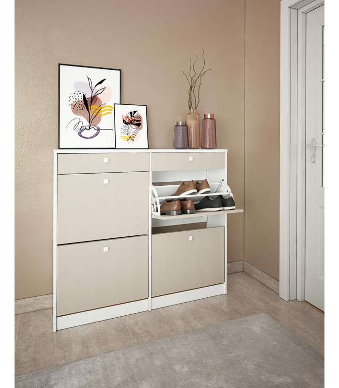 Organiza tus zapatos con estilo: Mueble Zapatero Pili con 4 trampones 2 cajones en blanco/textil.