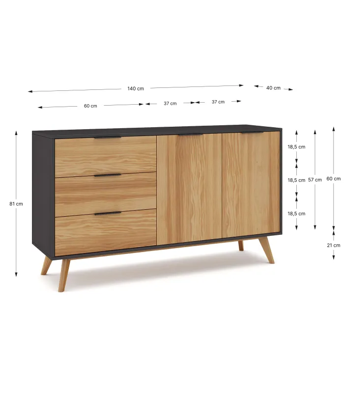 Aparador Julen 2 puertas 3 cajones en acabado natural