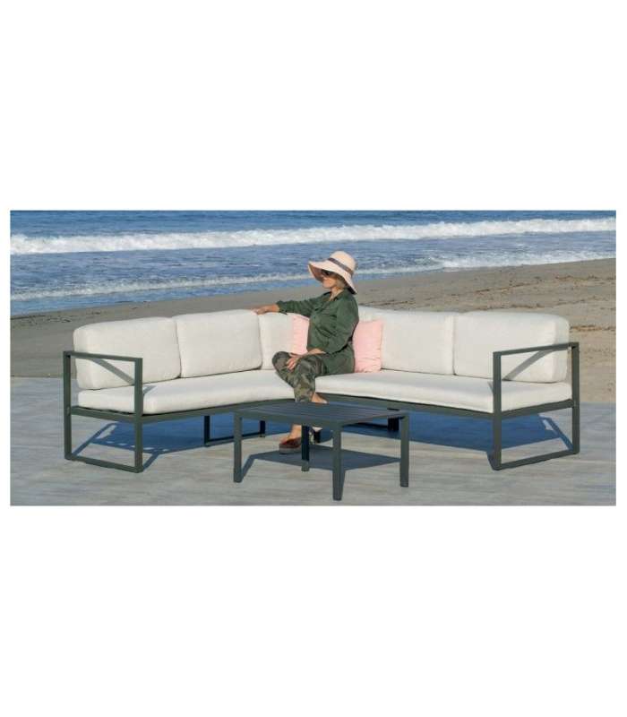 Conjunto terraza jardín aluminio Adel-77 con estructura en antracita.