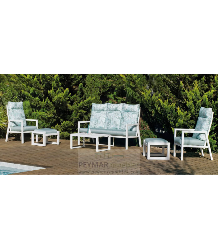 Conjunto terraza jardín aluminio Haston-8 con estructura en blanco.