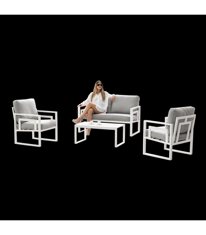 Conjunto terraza jardín aluminio Senia-7 con estructura en blanco.