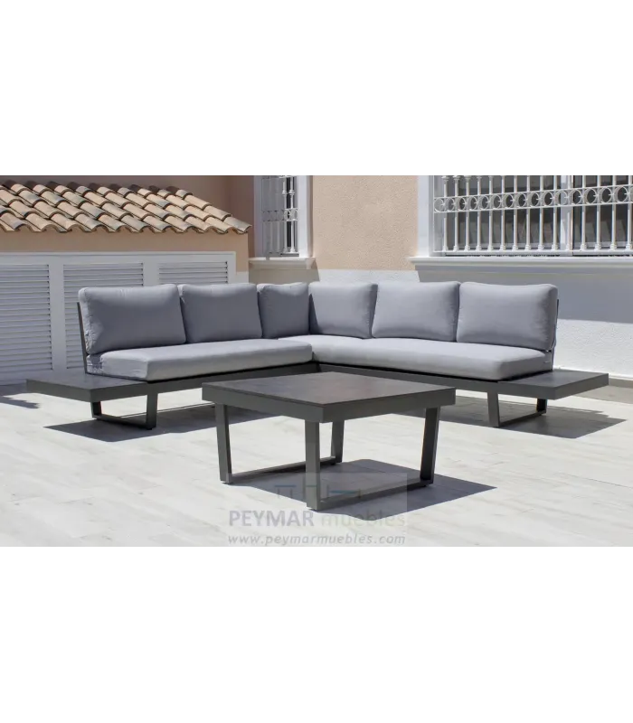 Conjunto terraza jardín aluminio Loira-7 con estructura en antracita.