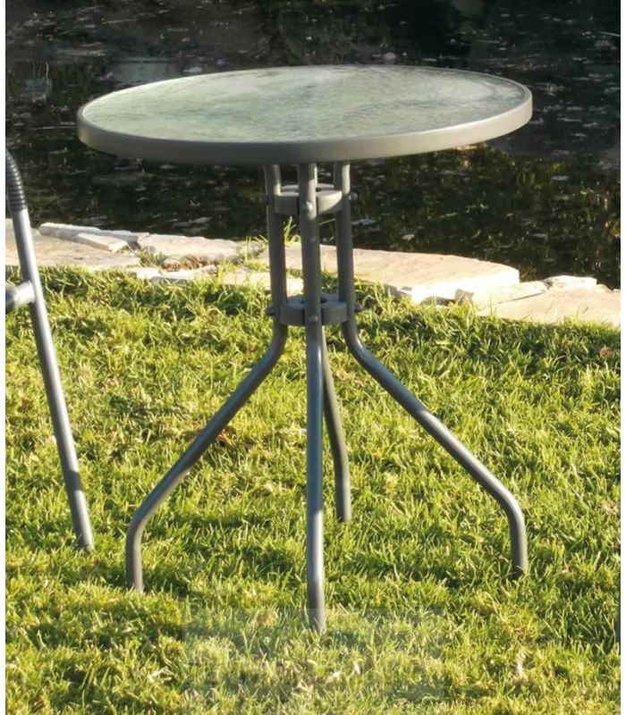 Mesa de aço para terraço e jardim, design moderno e durável.