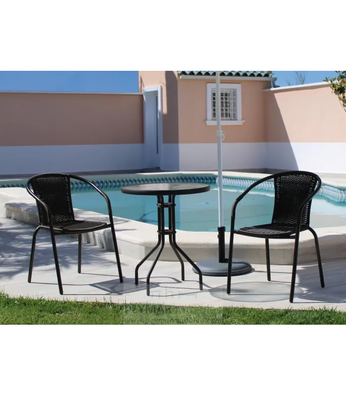 Mesa de aço para terraço e jardim, design moderno e durável.