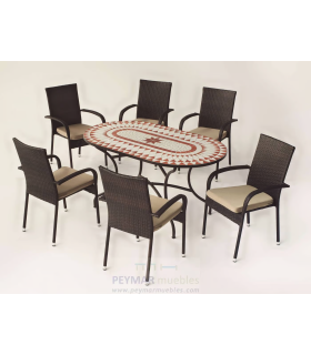 Conjunto de mesa+4 sillones+6 cojines terraza jardin mosaico Malaya/Shifa-150/6+6C.