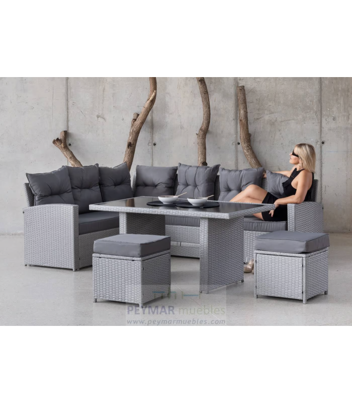 Elegância e conforto: conjunto de sofá de canto, mesa e banqueta Marau