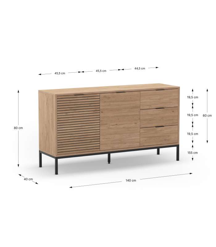 Mueble aparador modelo Doric 3 puertas 3 cajones interiores acabado blanco.