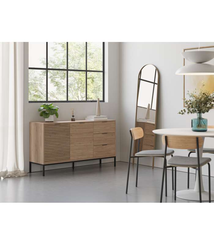 Mueble aparador modelo Doric 3 puertas 3 cajones interiores acabado blanco.