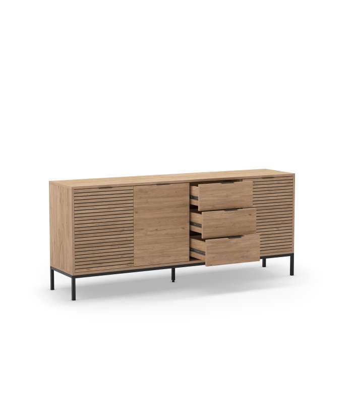 Mueble aparador modelo Doric 3 puertas 3 cajones interiores acabado blanco.
