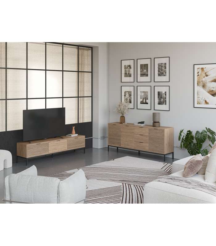 Mueble aparador modelo Doric 3 puertas 3 cajones interiores acabado blanco.