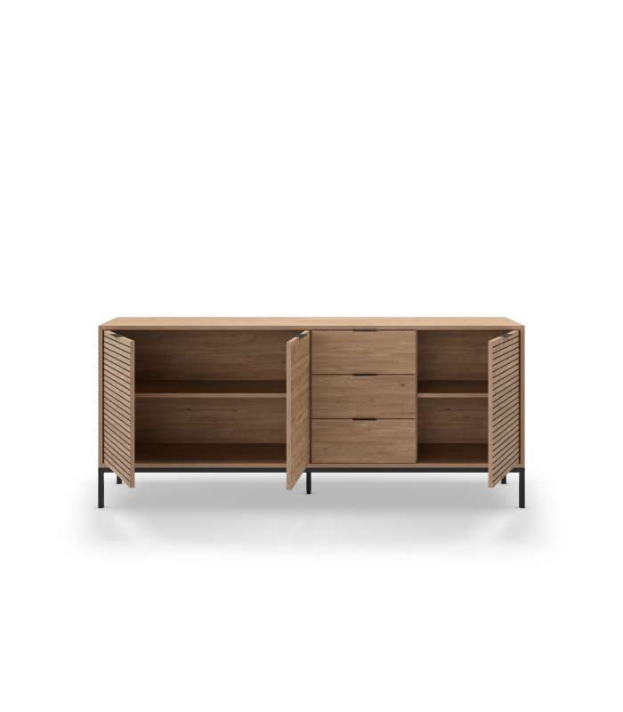 Mueble aparador modelo Doric 3 puertas 3 cajones interiores acabado blanco.