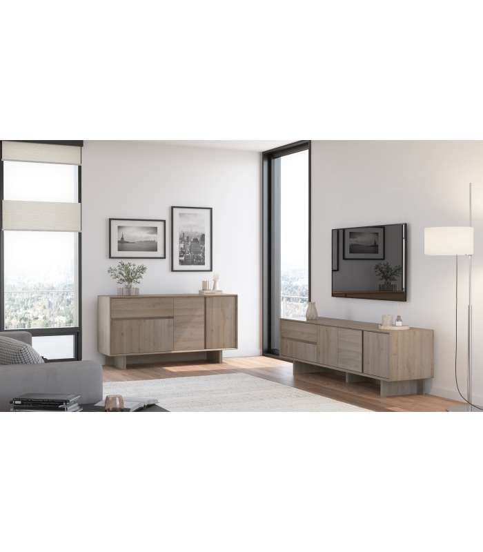 Mueble aparador modelo Doric 3 puertas 3 cajones interiores acabado blanco.