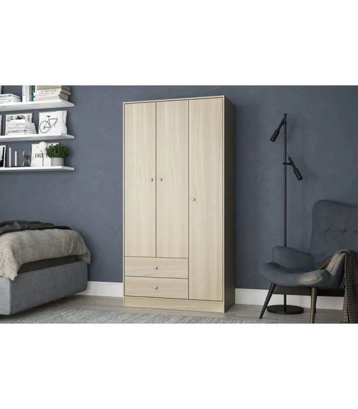 Armario Lido 3 puertas y 2 cajones, roble aserrado