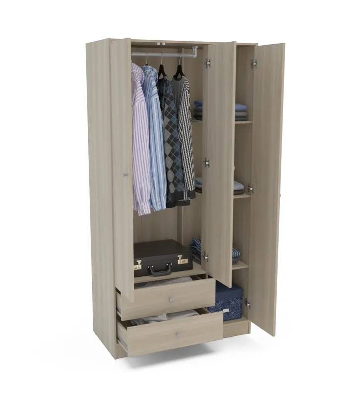 Armario Lido 3 puertas y 2 cajones, roble aserrado