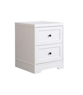 Mesita de noche con doble cajón, diseño moderno y compacto.
