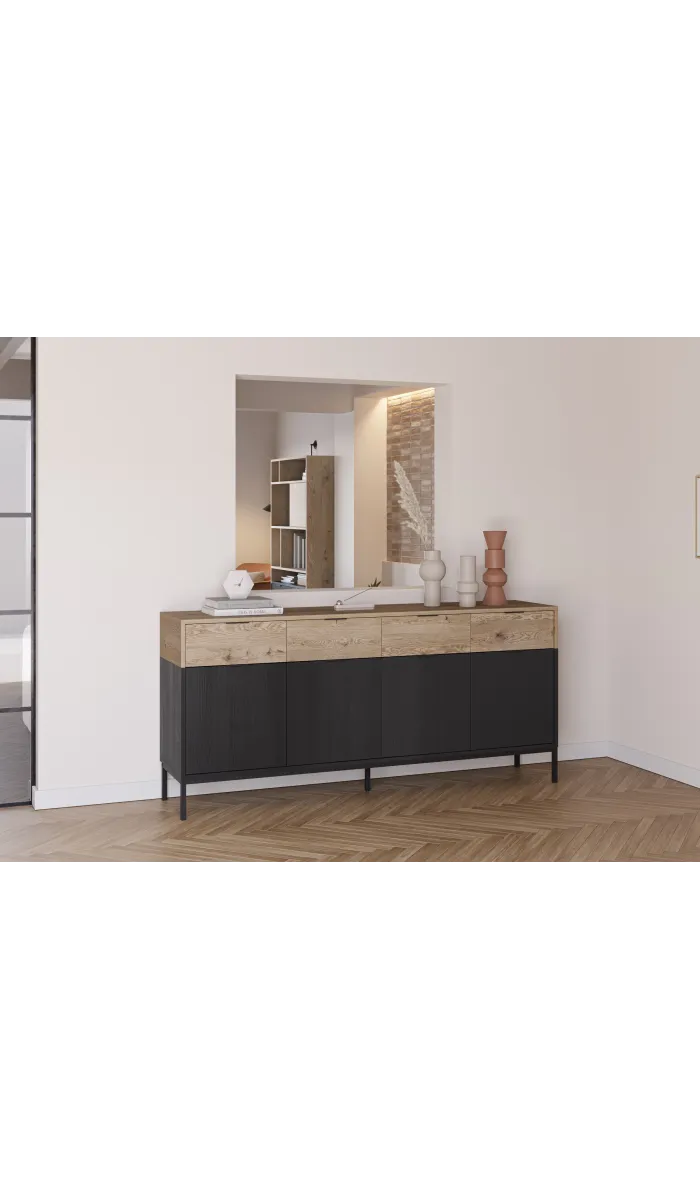 Aparador Lidia 4 puertas y 4 cajones roble y negro