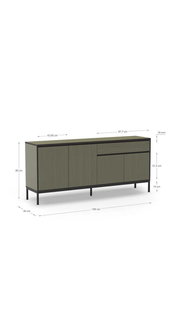 Aparador moderno verde y negro, 4 puertas y 1 cajón