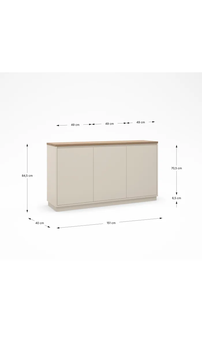 Mueble aparador modelo Doric 3 puertas 3 cajones interiores acabado blanco.