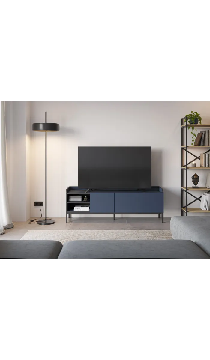 Mueble TV Calixto azul y negro, 3 puertas