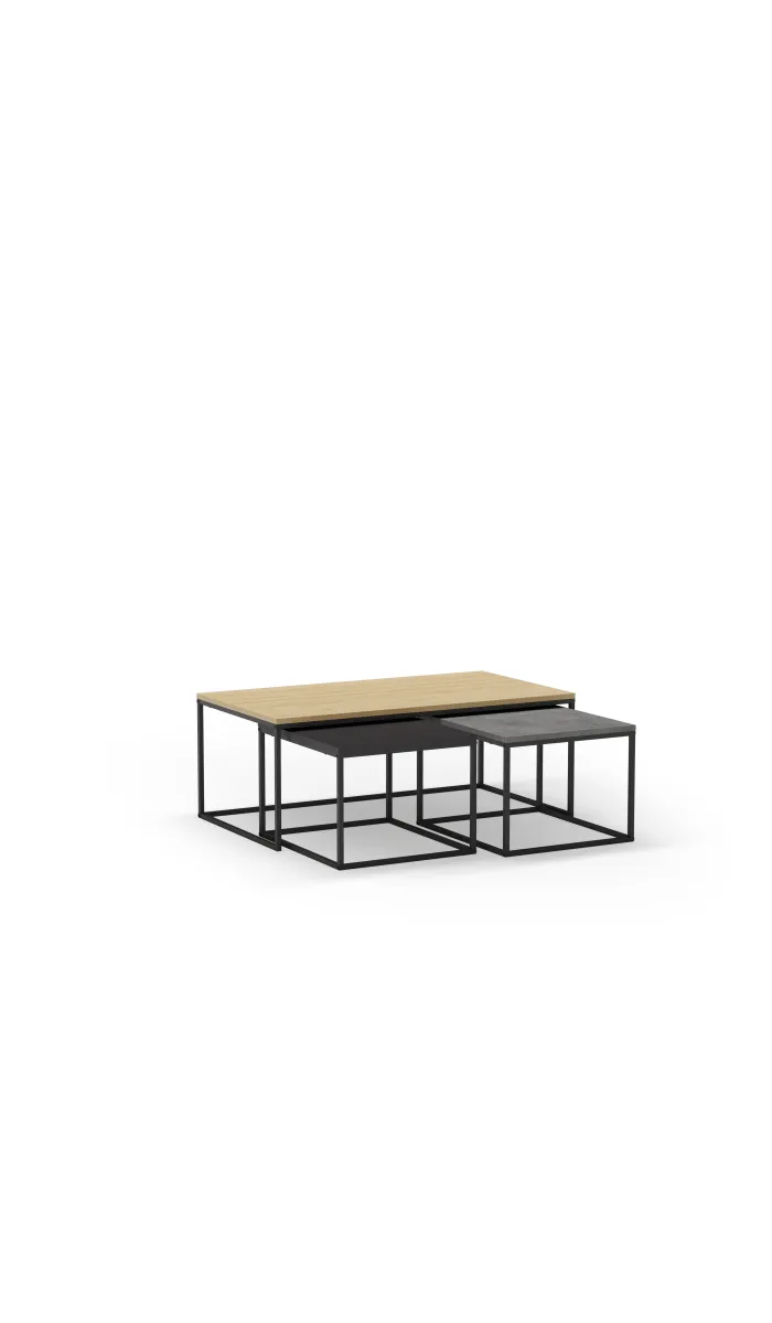 Set de 3 mesas Zoilo: roble, cemento y negro, moderno