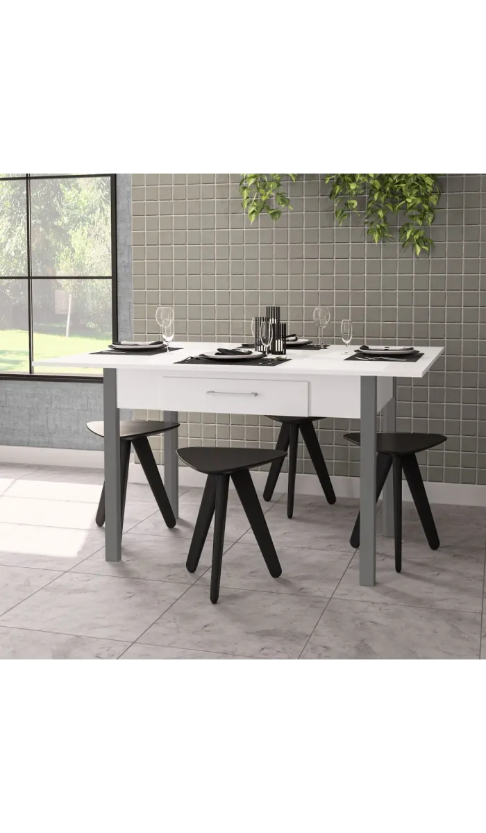 Mesa para cocina abatible con 2 cajones y acabado blanco/gris.