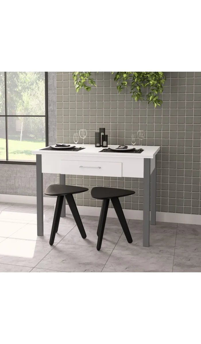 Mesa para cocina abatible con 2 cajones y acabado blanco/gris.