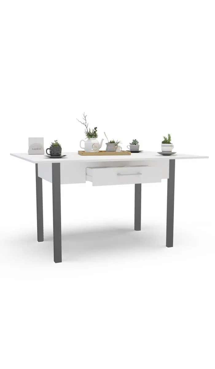 Mesa para cocina abatible con 2 cajones y acabado blanco/gris.