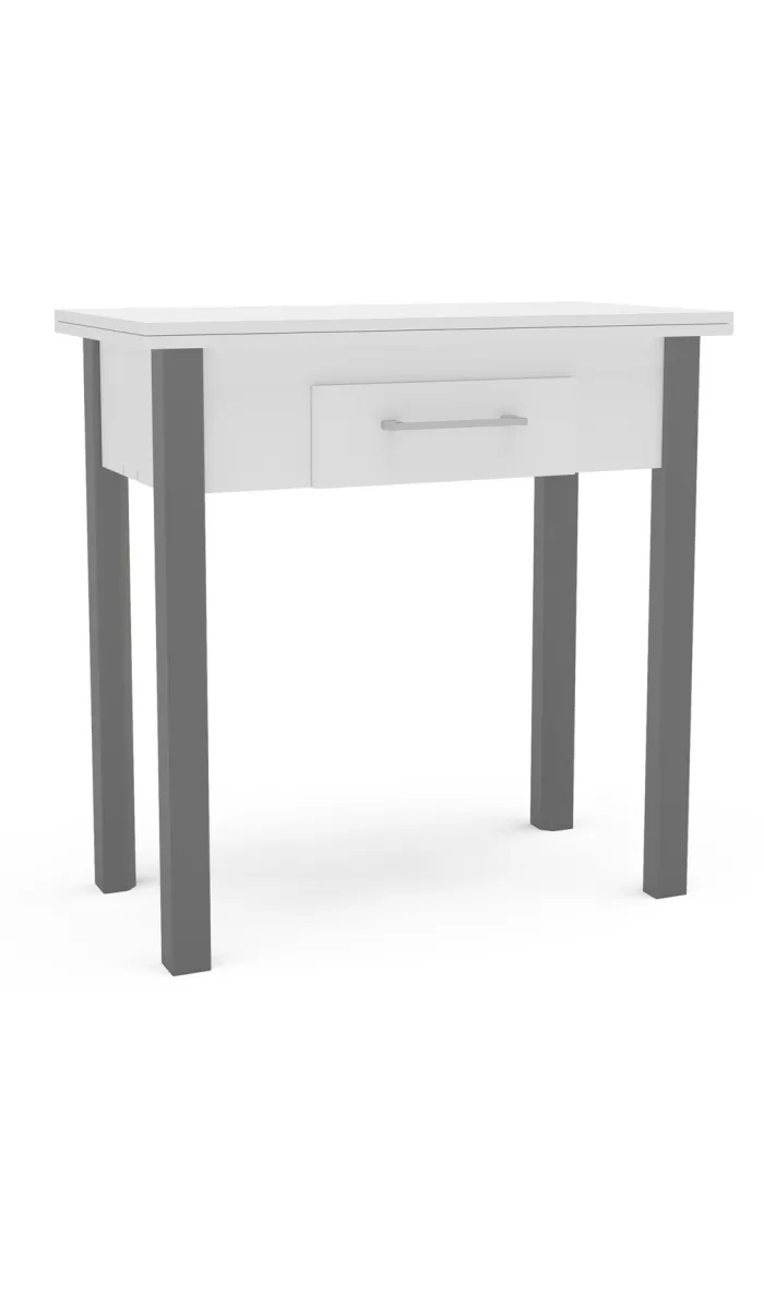Mesa para cocina abatible con 2 cajones y acabado blanco/gris.