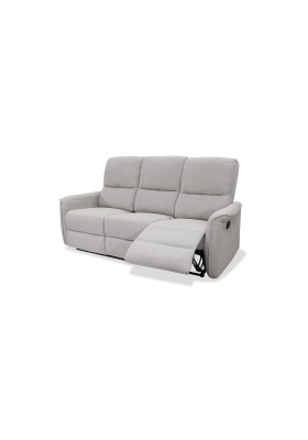 Sofá tres plazas relax Taycan con palanca y tapizado textil gris.