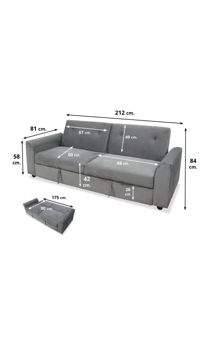 Sofá cama Cibeles tapizado en gris, cómodo y moderno