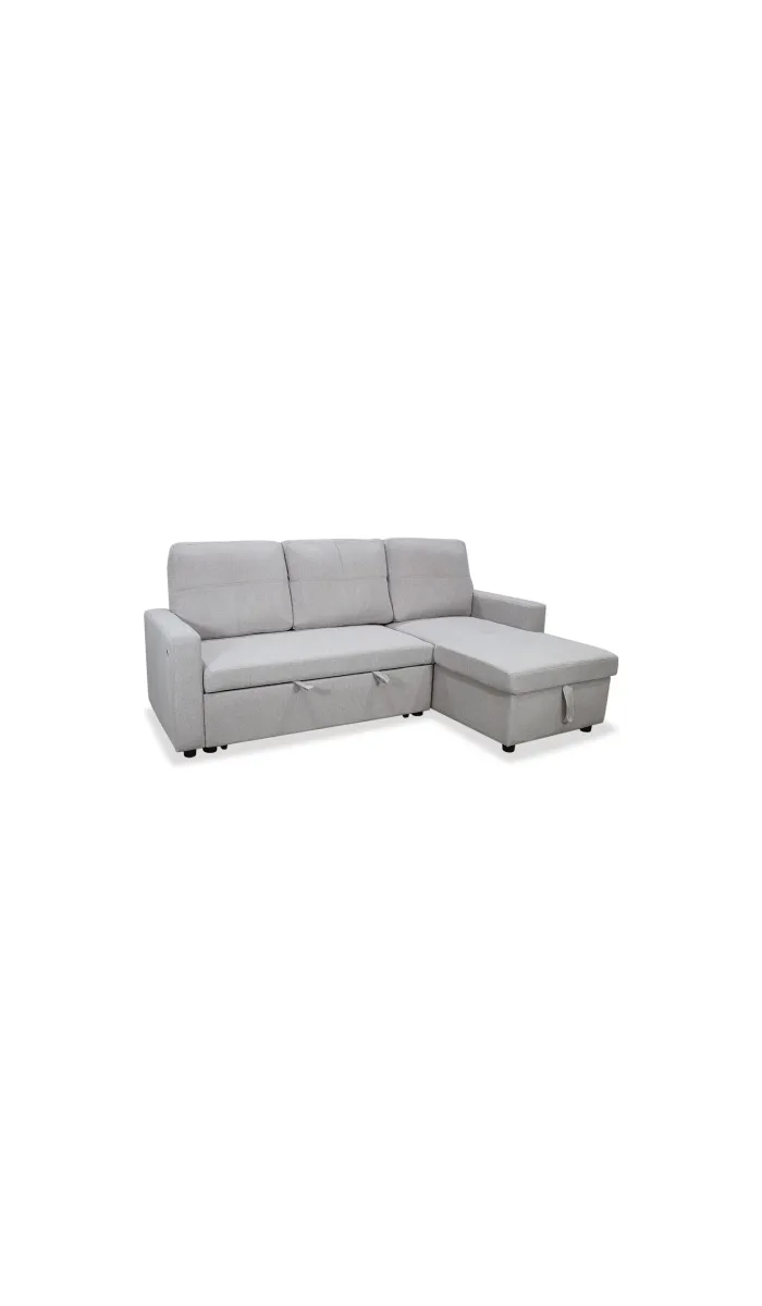 Sofá Chaiselongue cama Reynolds tapizado gris claro, elegante y funcional