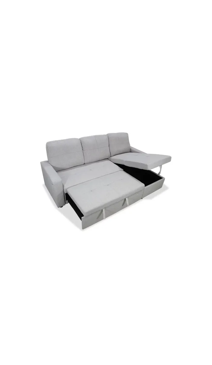 Sofá Chaiselongue cama Reynolds tapizado gris claro, elegante y funcional