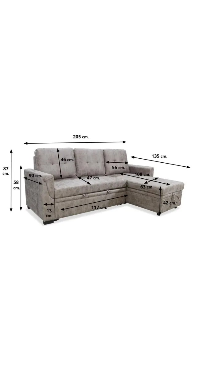 Sofá Chaiselongue cama Cristian tapizado gris cemento, elegante y funcional