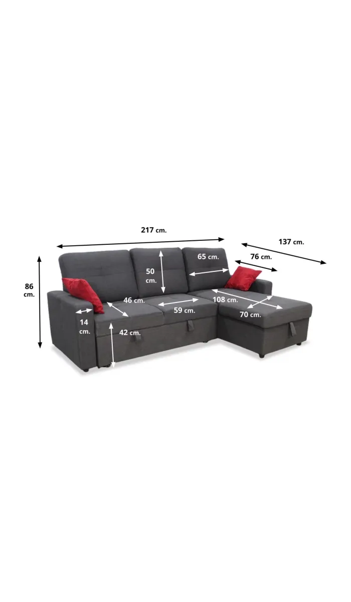 Sofá Chaiselongue cama Robyn tapizado gris, elegante y funcional