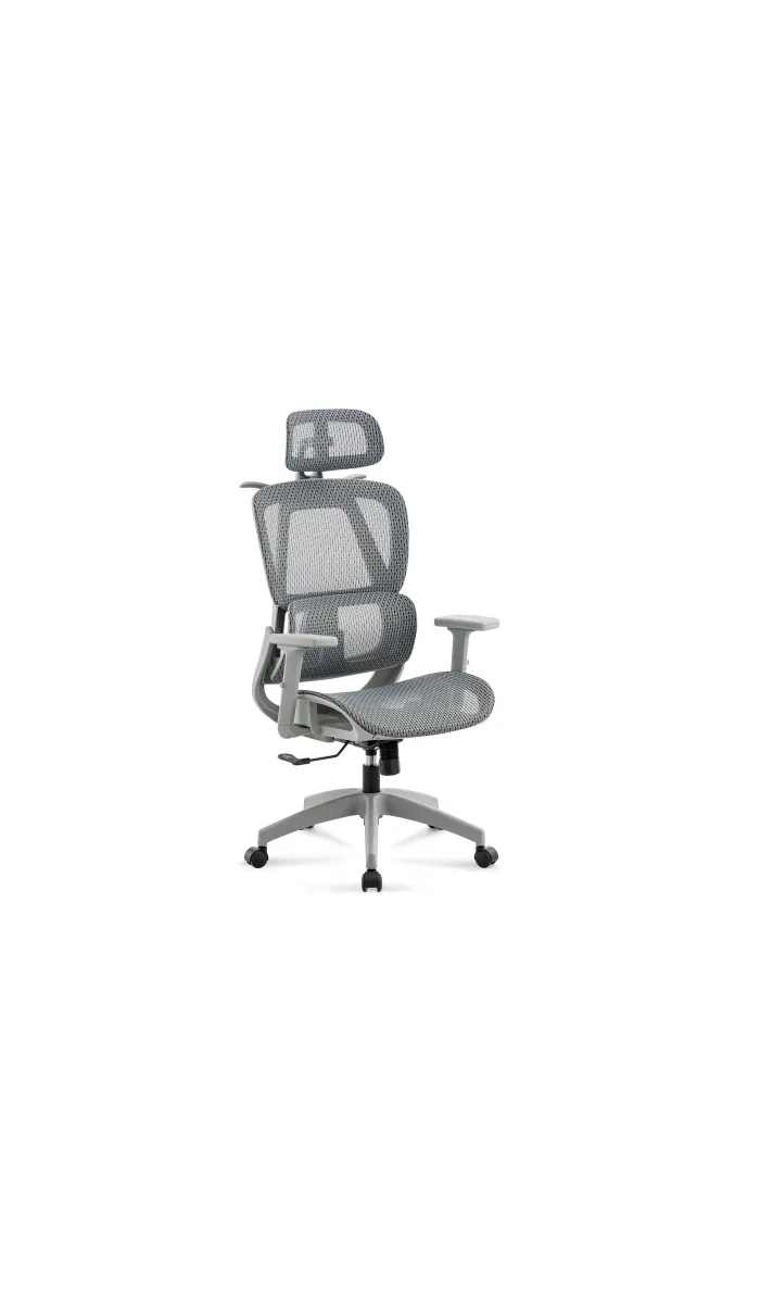 Sillón giratorio elevable gamer Ergo  tapizado red transpirable en gris claro.