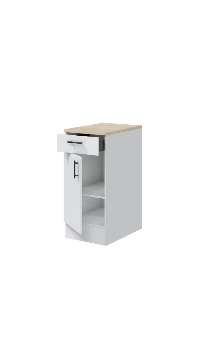 Mueble cocina de una puerta y un cajón Kira Kitchen práctico y moderno en blanco brillo.