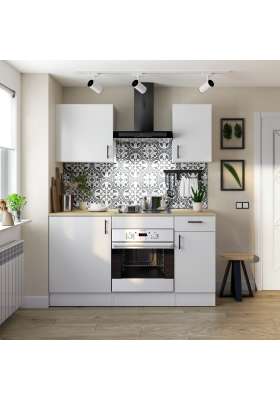 Cocina completa Kira Kitchen de 160 cm(ancho) acabado blanco brillo con encimera roble canadian.