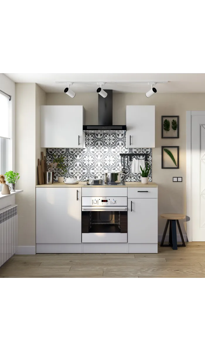 Cocina completa Kira Kitchen de 160 cm(ancho) acabado blanco brillo con encimera roble canadian.