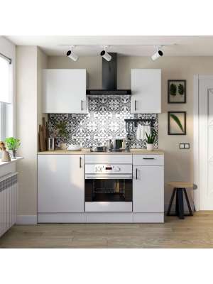 Cocina Kira 160 cm blanco brillo y encimera roble