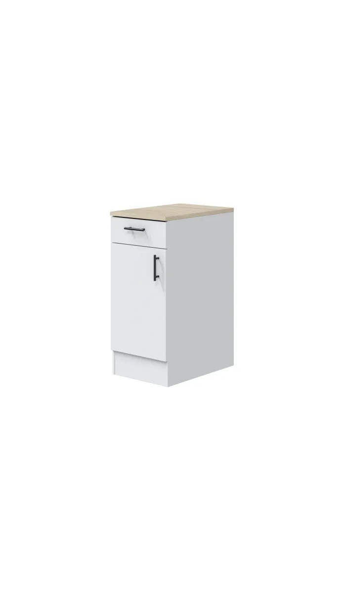 Cocina completa Kira Kitchen de 160 cm(ancho) acabado blanco brillo con encimera roble canadian.
