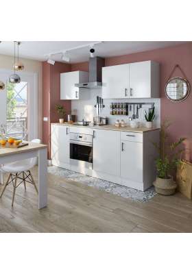 Cocina Kira 220 cm, blanco brillo y encimera roble
