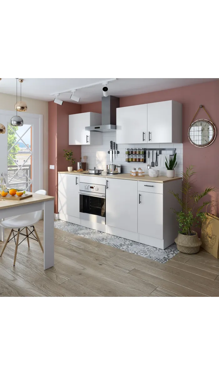 Cocina Kira 220 cm, blanco brillo y encimera roble