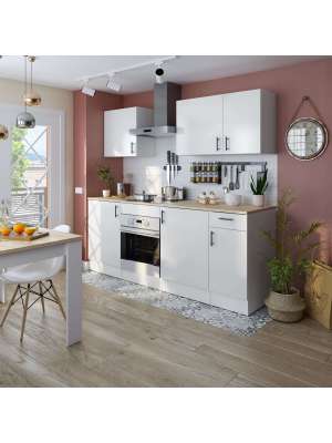 Cocina Kira 220 cm, blanco brillo y encimera roble