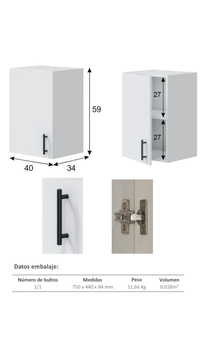Mueble alto de cocina Kira en blanco brillo, 1 puerta