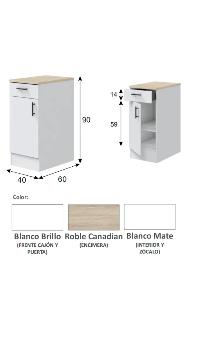 Mueble bajo cocina Kira 1 puerta 1 cajón blanco brillo