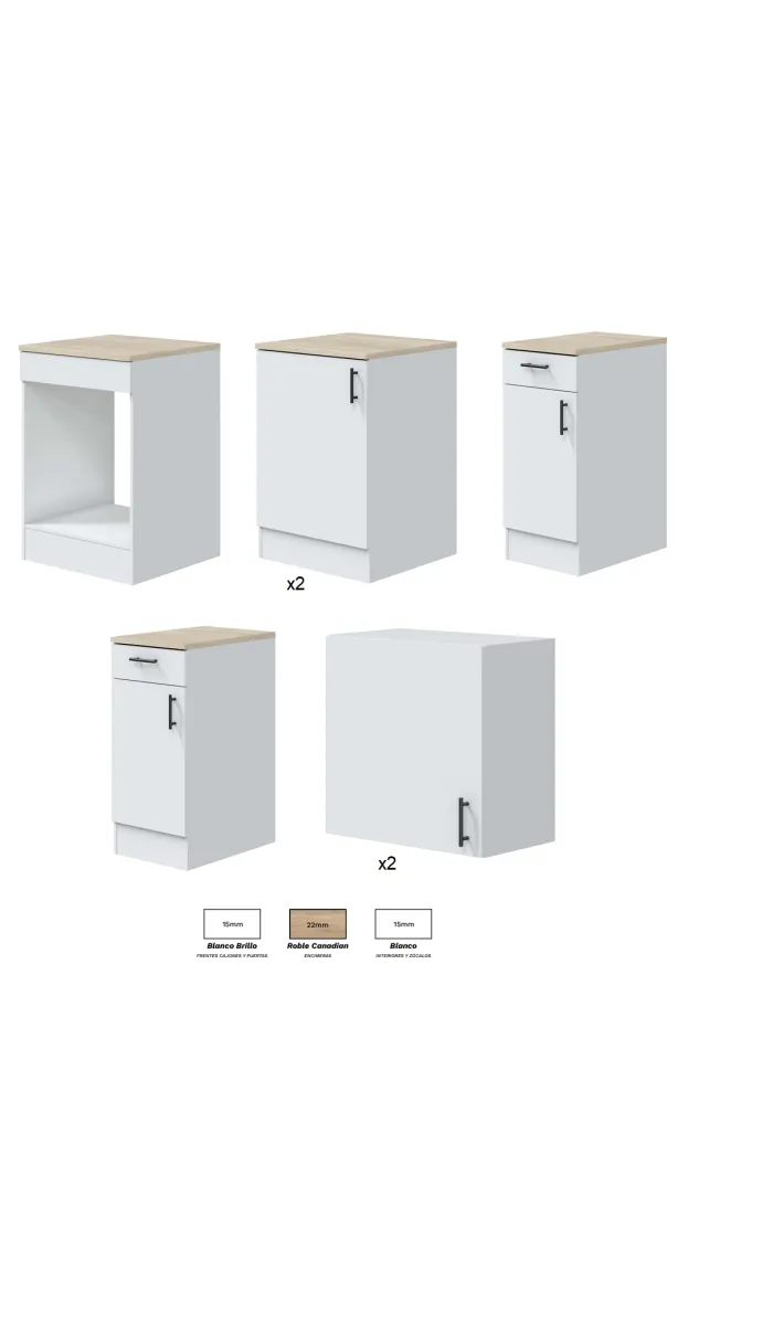 Cozinha Kira 220 cm em brilho branco e carvalho