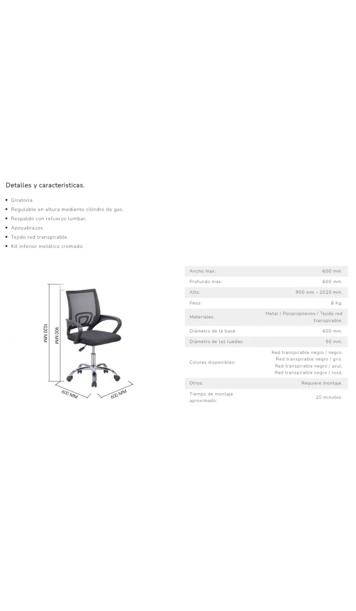 Chaise de bureau pivotante Vita plusieurs couleurs au choix
