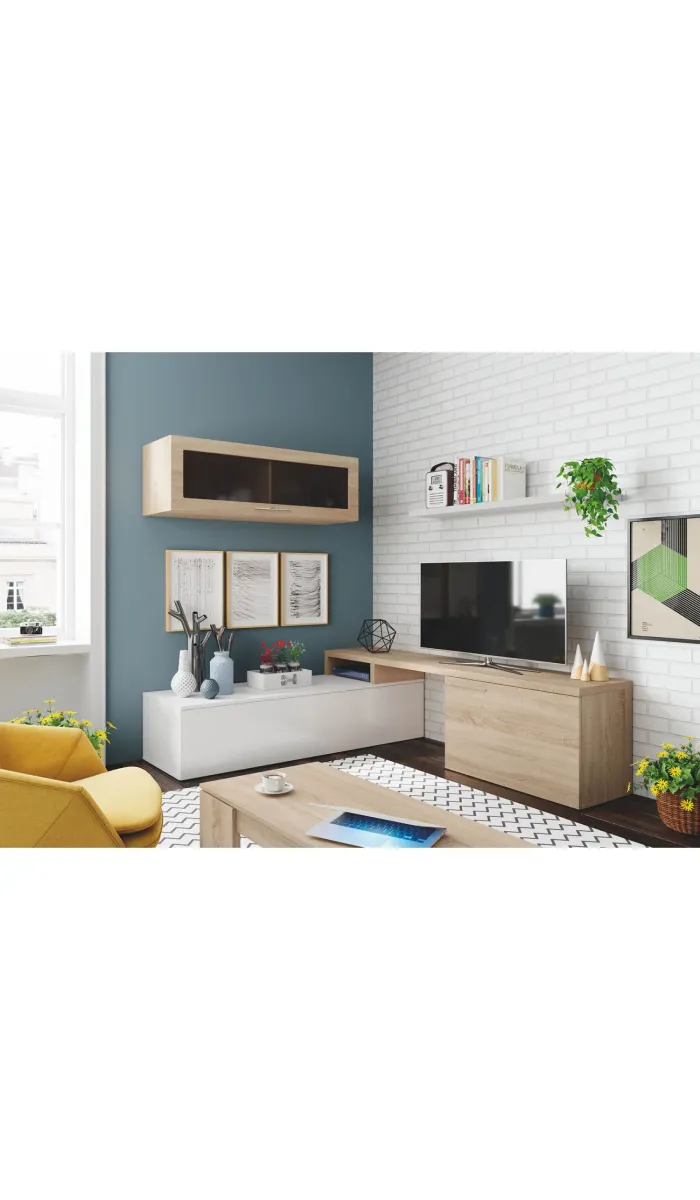 Conjunto salón Nexus en roble canadiense y blanco brillo