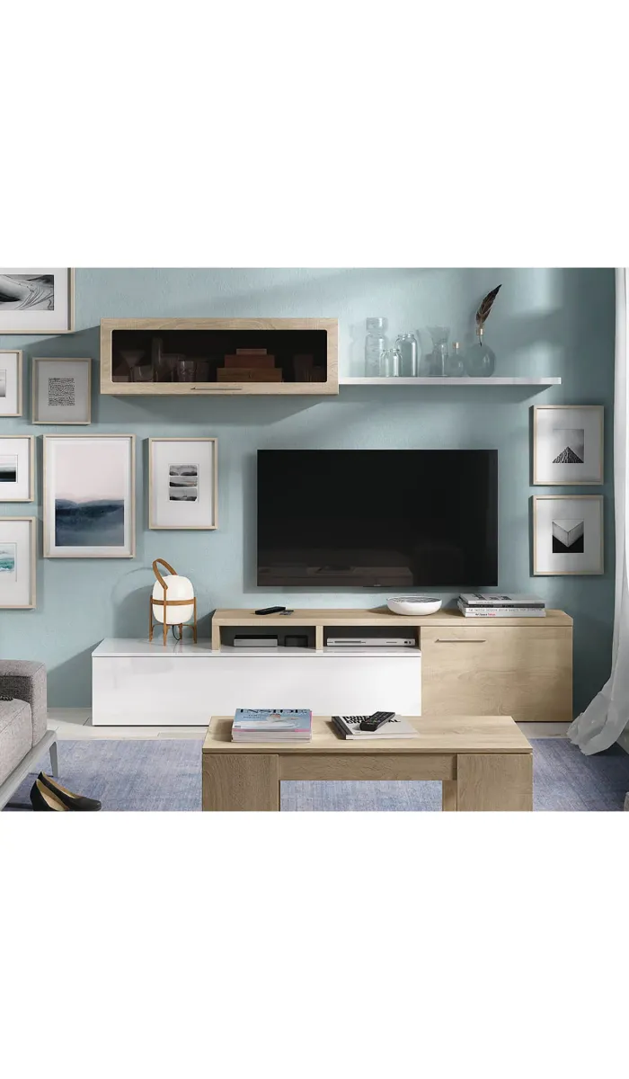 Conjunto salón Nexus en roble canadiense y blanco brillo