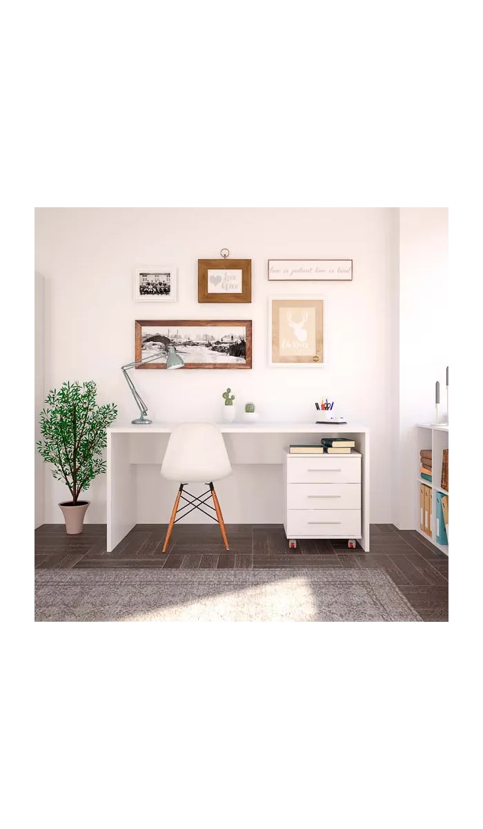 Mesa de despacho moderna y elegante en acabado blanco soft.